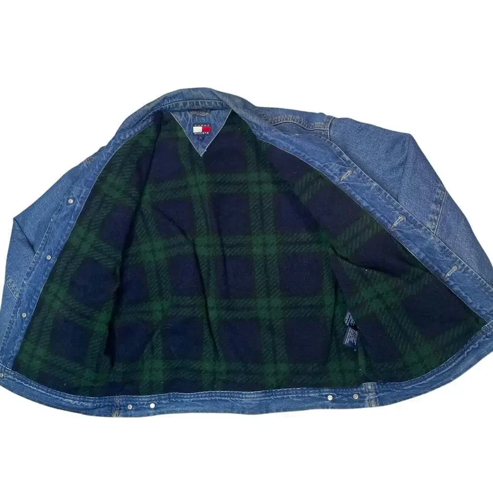 Vintage Tommy Hilfiger Denim Jacket Plaid Lined Kids Size L 6/6X Blue